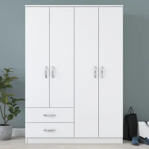 Armadio design a 4 ante 2 cassetti in legno bianco con aste appendiabiti cm 120x43x170h