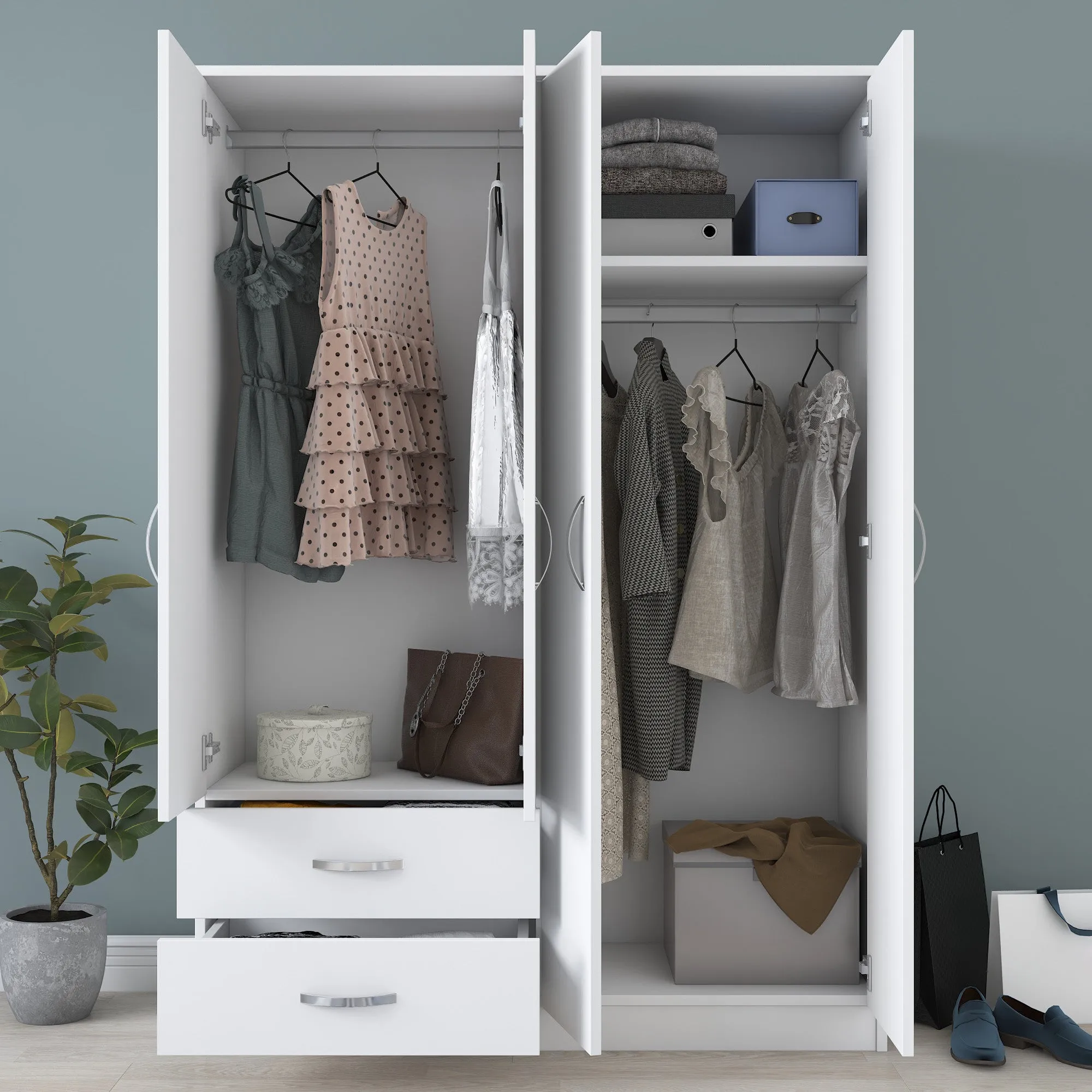 Armadio design a 4 ante 2 cassetti in legno bianco con aste appendiabiti cm 120x43x170h