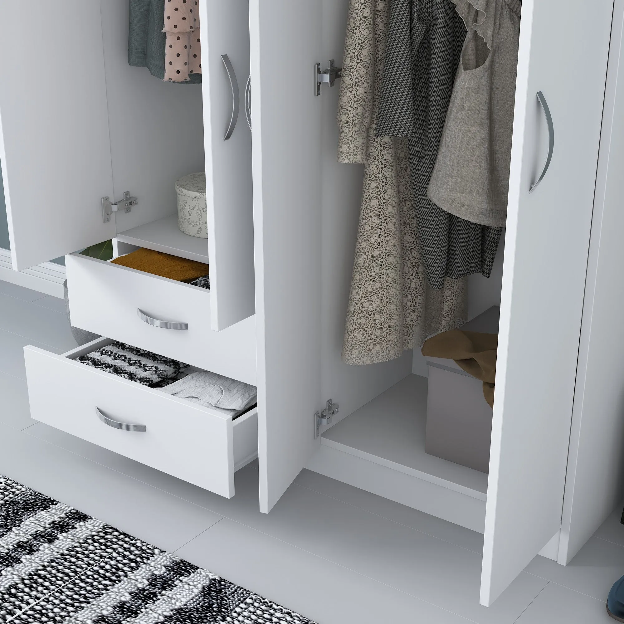 Armadio design a 4 ante 2 cassetti in legno bianco con aste appendiabiti cm 120x43x170h