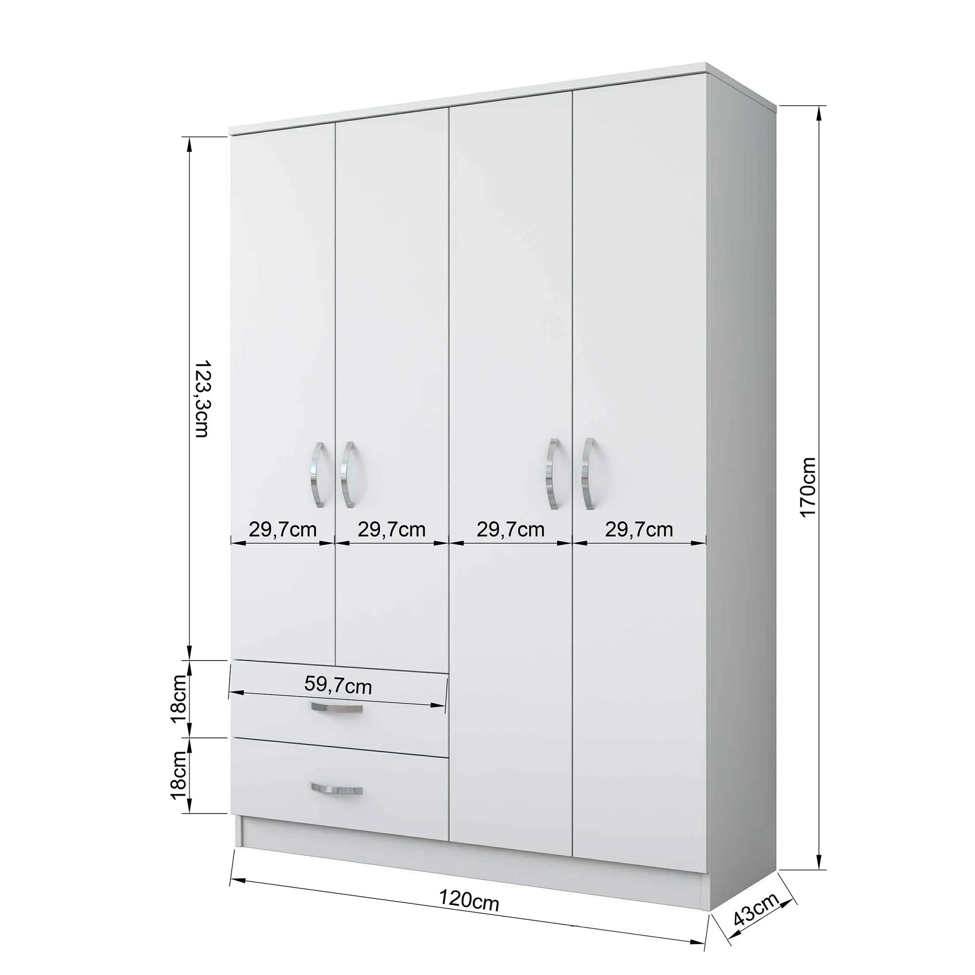 Armadio design a 4 ante 2 cassetti in legno bianco con aste appendiabiti cm 120x43x170h