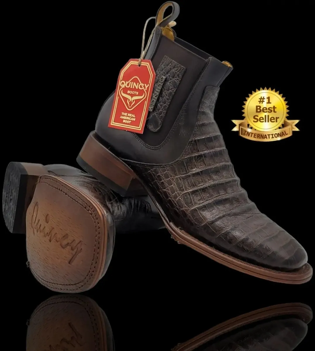 Botines de Cocodrilo Grabado Nuca con Punta Cuadrada Color Chocolate Q82B8294