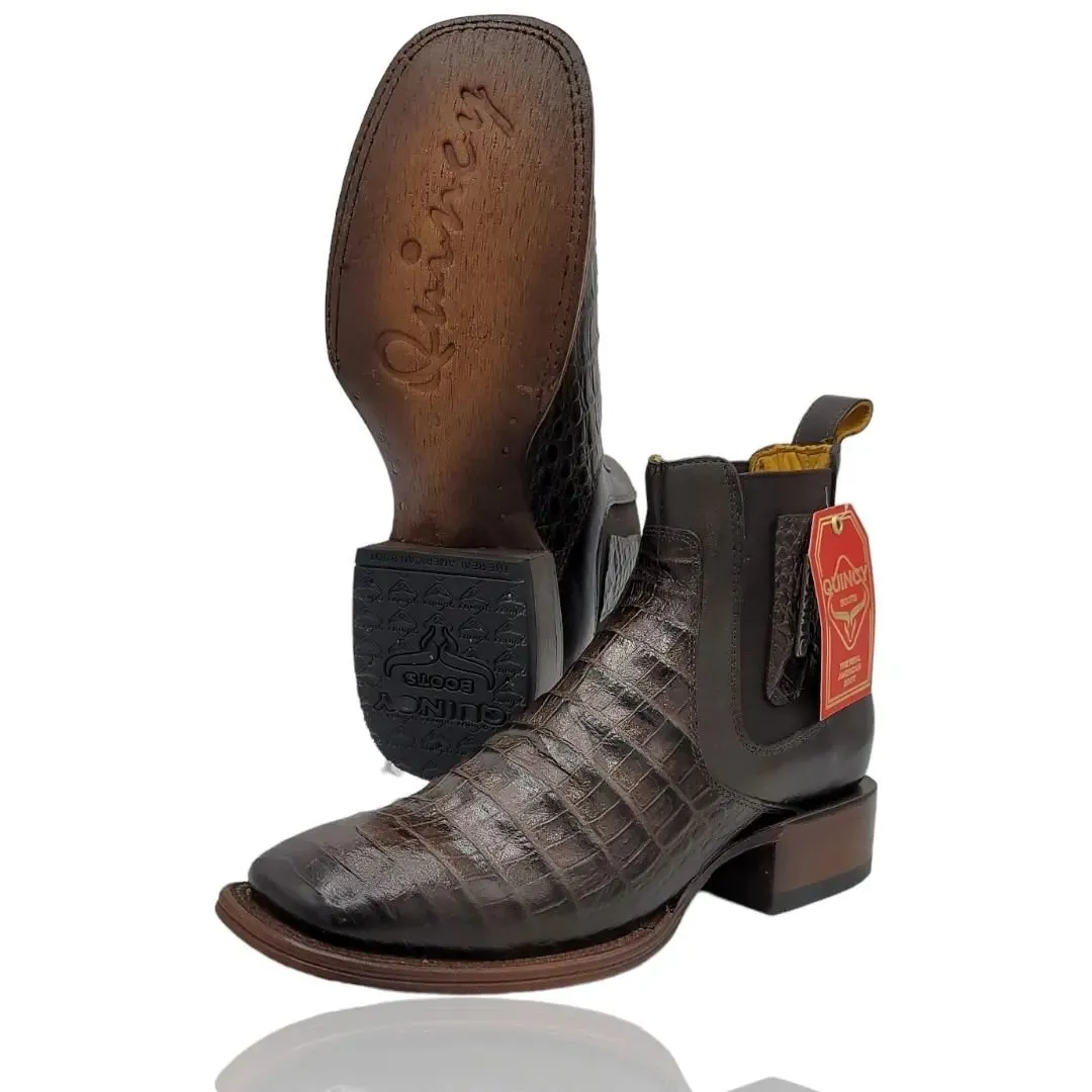 Botines de Cocodrilo Grabado Nuca con Punta Cuadrada Color Chocolate Q82B8294