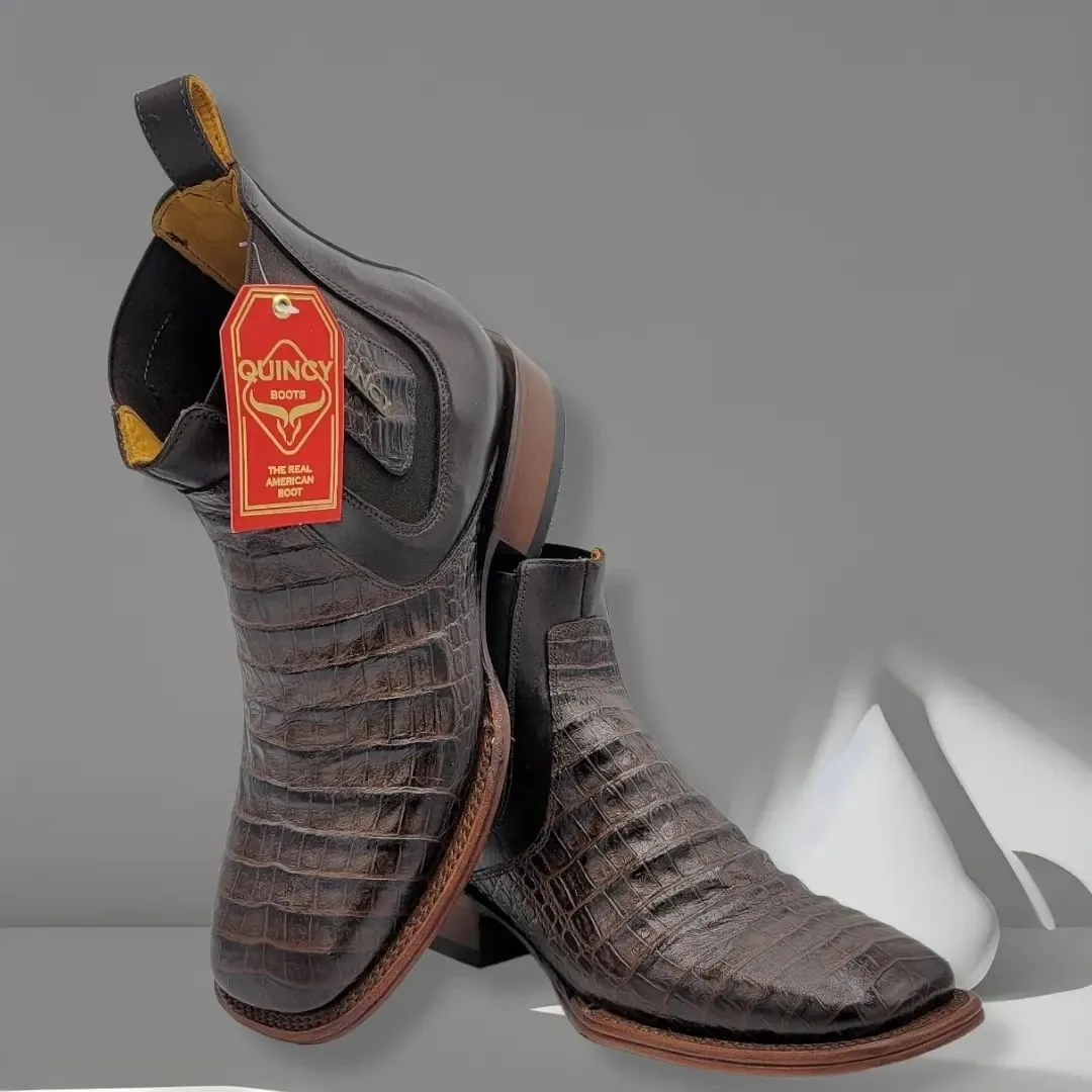 Botines de Cocodrilo Grabado Nuca con Punta Cuadrada Color Chocolate Q82B8294