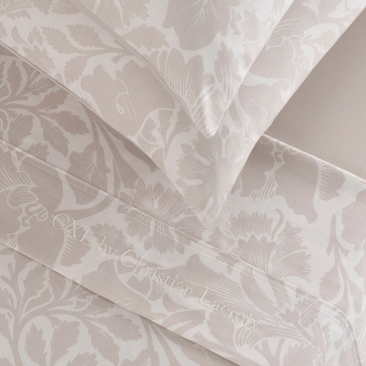 Ensemble de draps : drap-housse, drap plat, taie(s) d'oreiller en satin de coton - dessin Arabesque Taupe