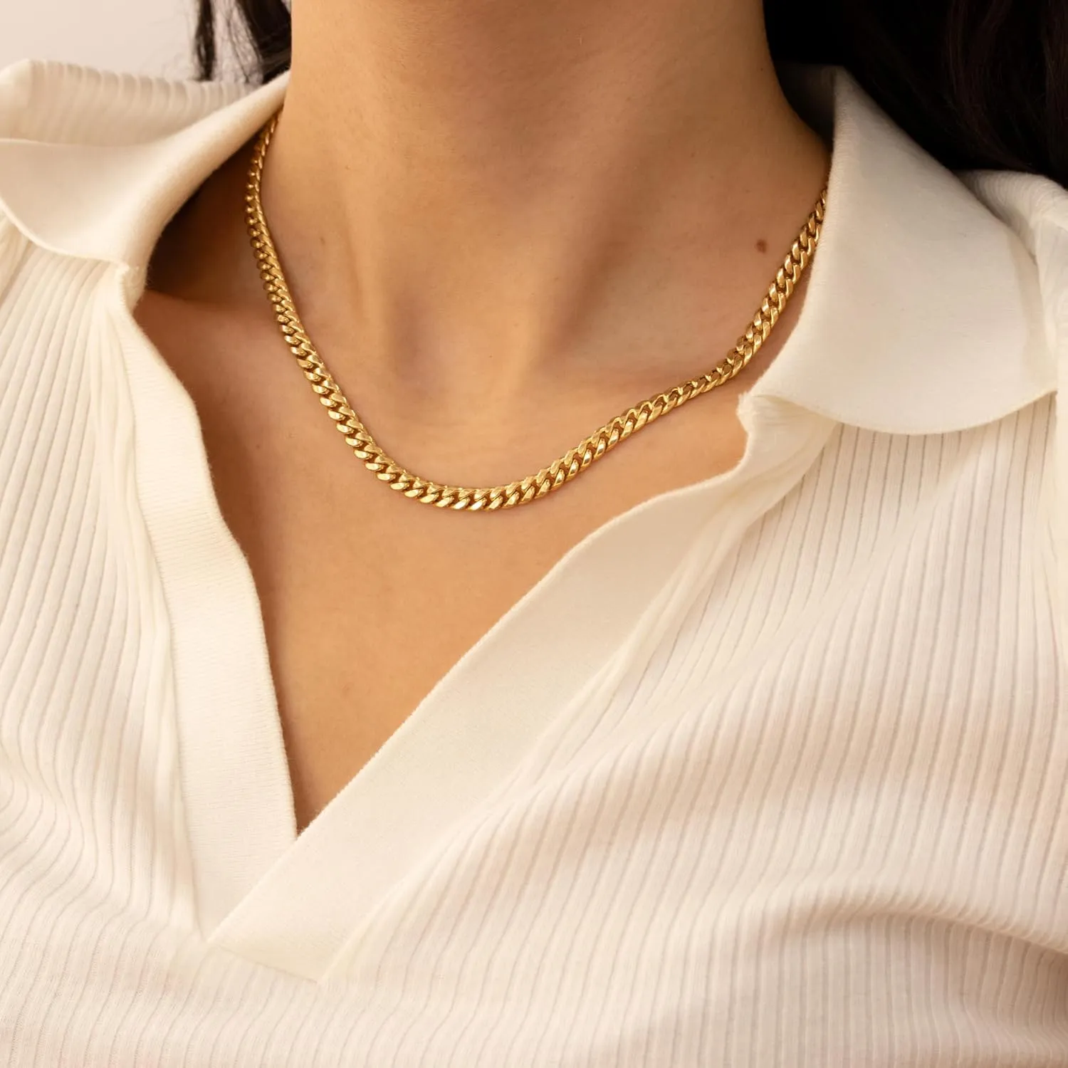 EVAYA 14k Gold Miami Cuban Chain Necklace for Women & Men (3mm-5mm Width, 16-24" Length) - Cadenas de Oro Puro de 14K