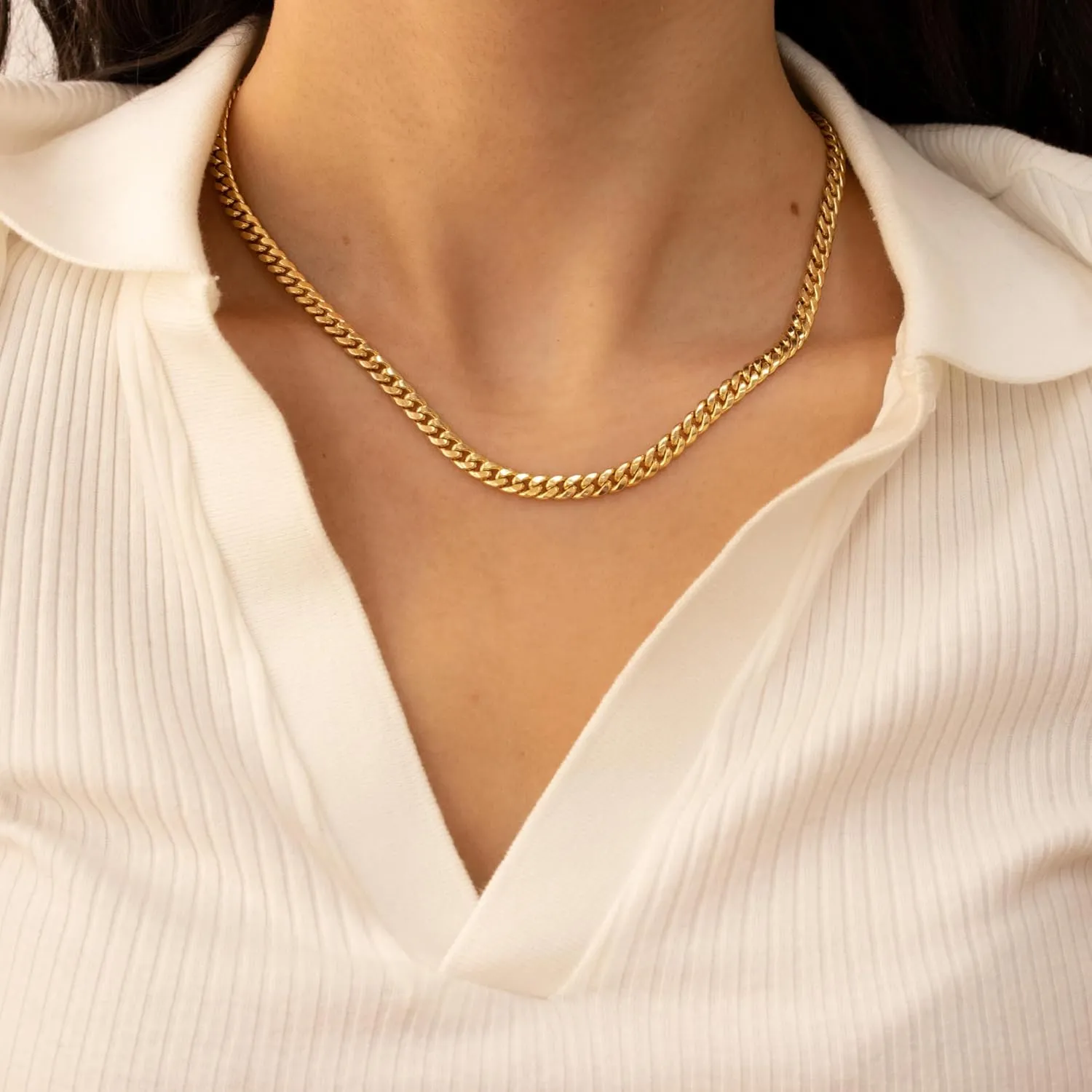 EVAYA 14k Gold Miami Cuban Chain Necklace for Women & Men (3mm-5mm Width, 16-24" Length) - Cadenas de Oro Puro de 14K