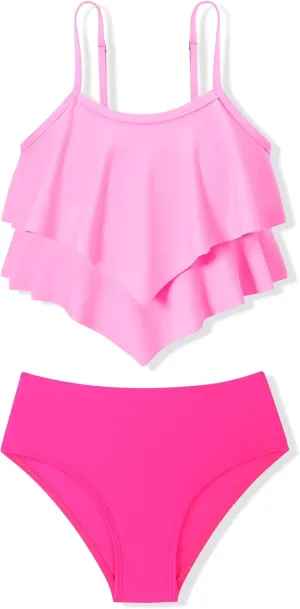 oklady Girls Swimsuit 2 Piece Bikini Set Tiered Ruffled Bathing Suit Adjustable Straps Girls' Swimwear