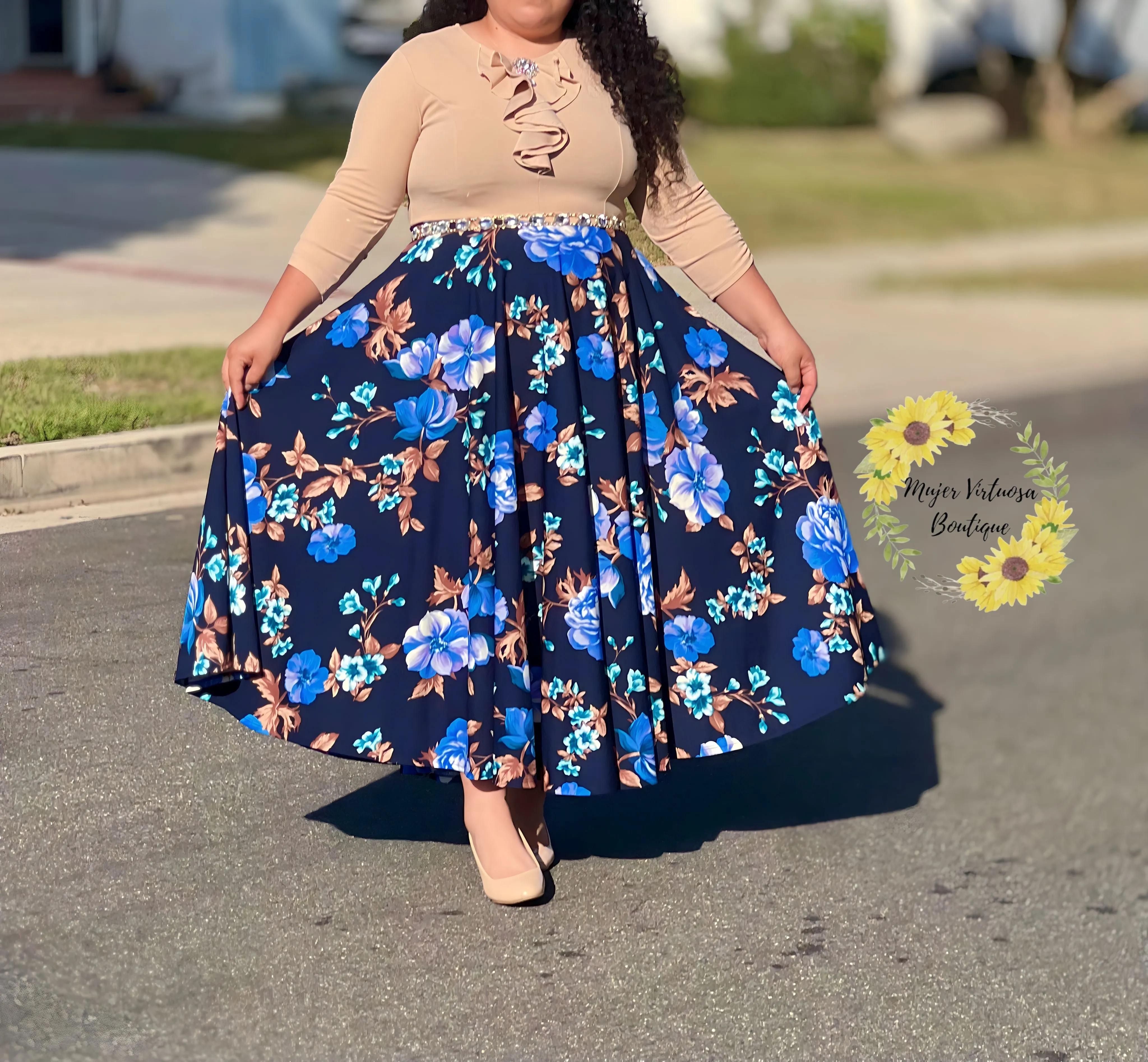 Selena Beige Ruffle Floral Dress