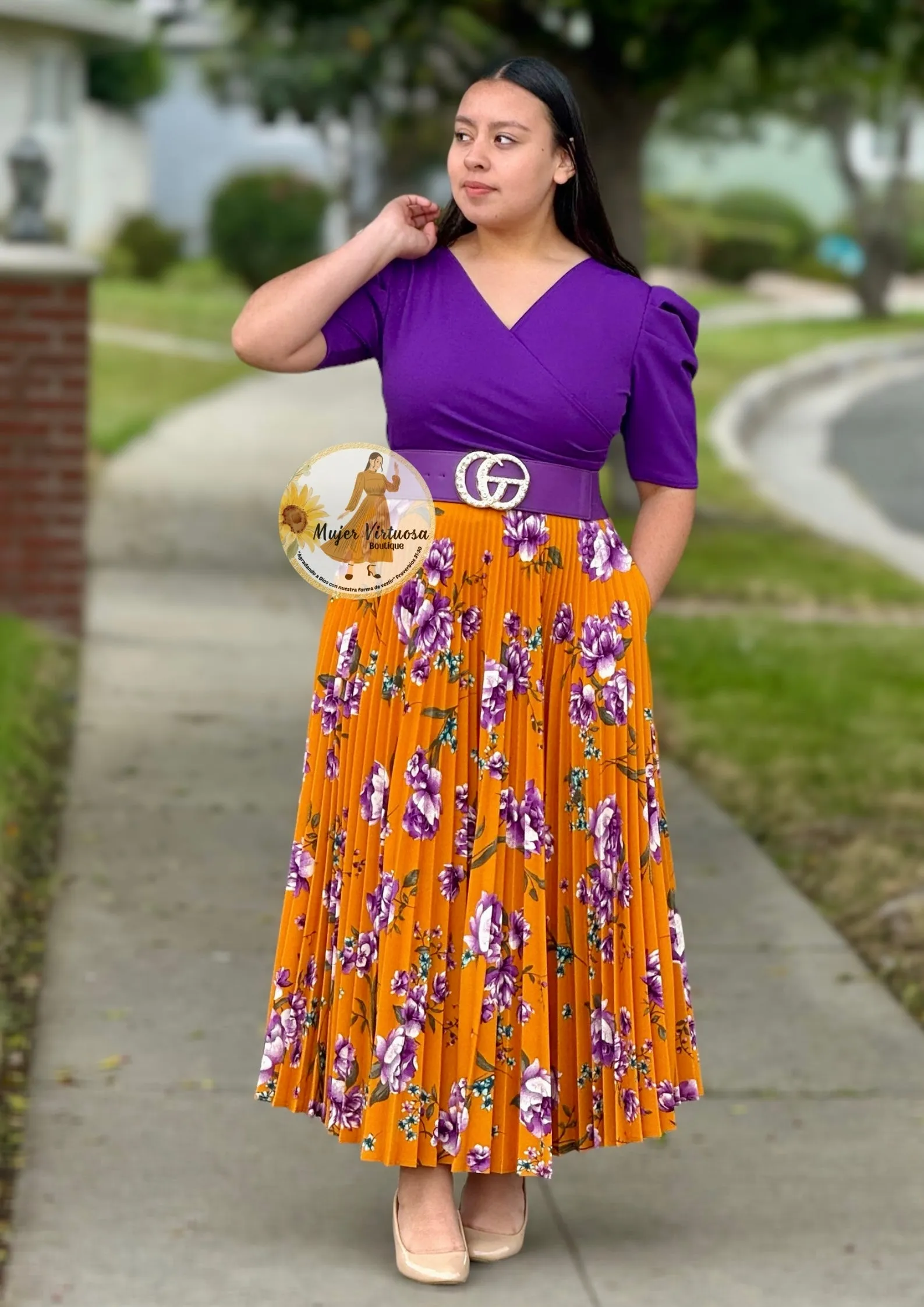 Violet & Mustard Floral Pleated Dress “Jessica”